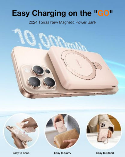 TORRAS 0.45" Slim Magnetic Portable Charger Power Bank for iPhone 5000 mAh 22.5W PD Fast Charging Wireless Battery Pack O Stand Compatible with Magsafe, i Phone 16 Pro Max, Pro,15,14,13,12, Black - 7DAY'S