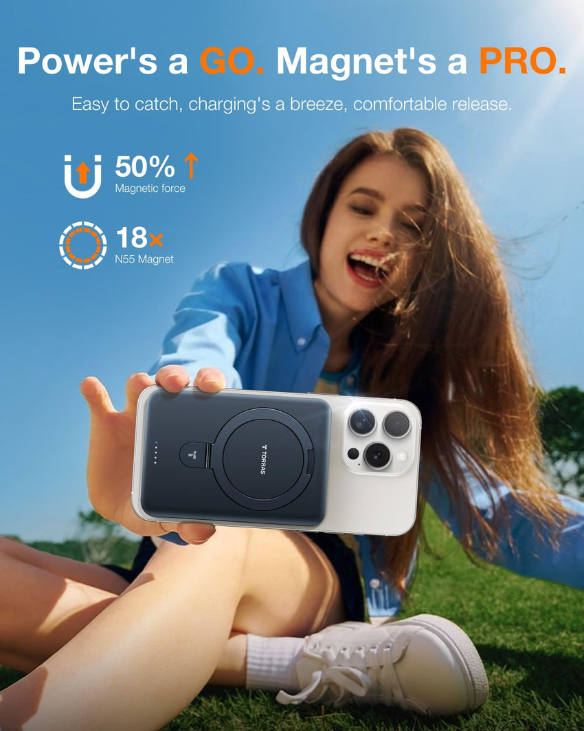 TORRAS 0.45" Slim Magnetic Portable Charger Power Bank for iPhone 5000 mAh 22.5W PD Fast Charging Wireless Battery Pack O Stand Compatible with Magsafe, i Phone 16 Pro Max, Pro,15,14,13,12, Black - 7DAY'S