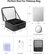 Travel Makeup Bag With LED Mirror,Train Case with Light up Mirror, Portable Makeup Artist Organizer Bag with Adjustable Dividers, Makeup Brush Holder Storage(Black, Large) - 7DAY'S