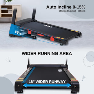 Treadmill with Auto Incline, 18" Incline Treadmill for Home, Compact, Foldable, 350lb Capacity, Shock Absorption, 15% Incline Automatic, 0.5 - 10 MPH, 3 HP, Bluetooth App Running Treadmills - 7DAY'S