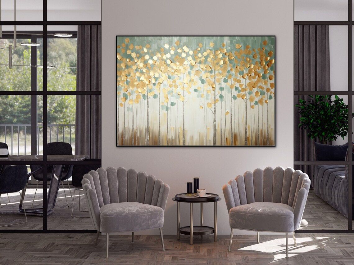 Tree with Golden Leaves 100% Handmade Gold Leaf Textured Painting Acrylic Abstract Oil Painting Wall Decor Living Room Golden Nature - 7DAY'S