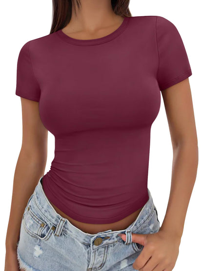Trendy Queen Womens Basic T Shirts Summer Tops 2025 Crop Short Sleeve Slim Fit Tee Cute Gym Workout Clothes - 7DAY'S