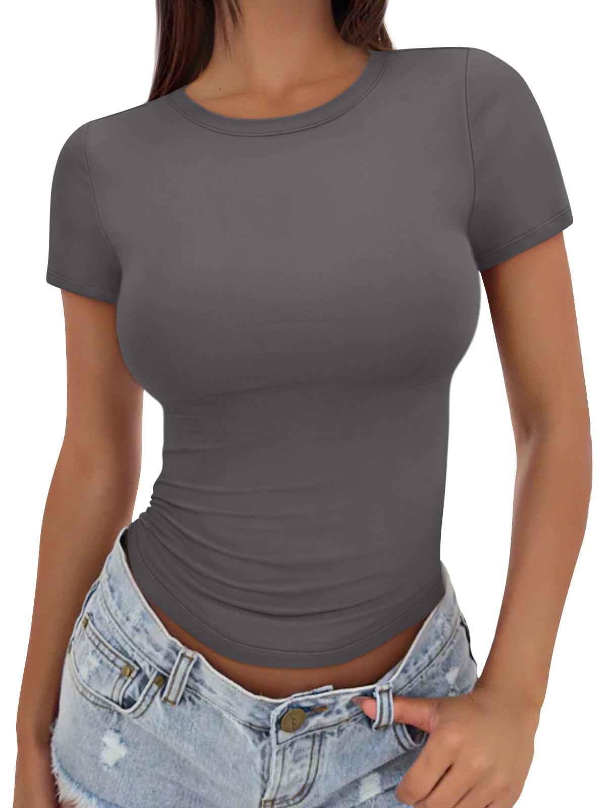 Trendy Queen Womens Basic T Shirts Summer Tops 2025 Crop Short Sleeve Slim Fit Tee Cute Gym Workout Clothes - 7DAY'S