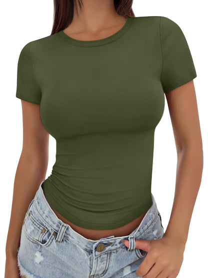 Trendy Queen Womens Basic T Shirts Summer Tops 2025 Crop Short Sleeve Slim Fit Tee Cute Gym Workout Clothes - 7DAY'S