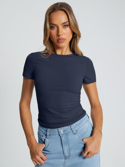 Trendy Queen Womens Basic T Shirts Summer Tops 2025 Crop Short Sleeve Slim Fit Tee Cute Gym Workout Clothes - 7DAY'S