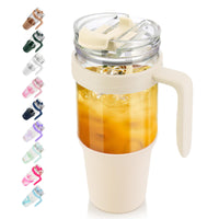 Tronco 40 oz Glass Tumbler with Straw and Lid, Reusable Glass Tumbler with Handle, Iced Coffee Cup with Bamboo Lid, Glass Water Bottles Fit in Cup Holder, Carbonfree, Lead - Free, BPA - Free - 7DAY'S