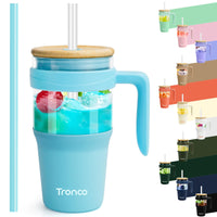 Tronco 40 oz Glass Tumbler with Straw and Lid, Reusable Glass Tumbler with Handle, Iced Coffee Cup with Bamboo Lid, Glass Water Bottles Fit in Cup Holder, Carbonfree, Lead - Free, BPA - Free - 7DAY'S