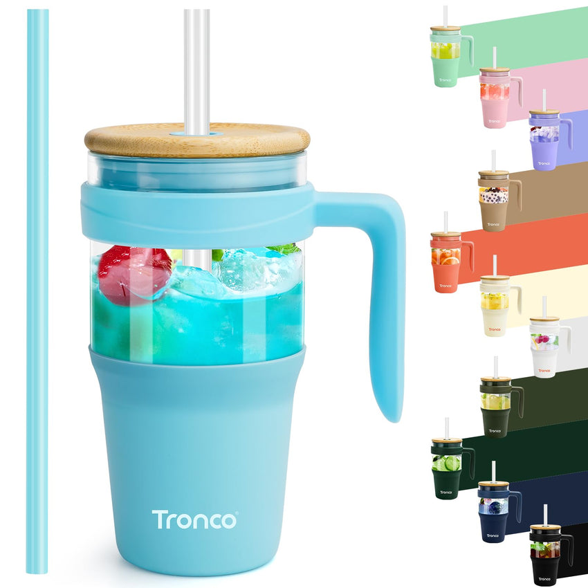 Tronco 40 oz Glass Tumbler with Straw and Lid, Reusable Glass Tumbler with Handle, Iced Coffee Cup with Bamboo Lid, Glass Water Bottles Fit in Cup Holder, Carbonfree, Lead - Free, BPA - Free - 7DAY'S