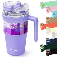 Tronco 40 oz Glass Tumbler with Straw and Lid, Reusable Glass Tumbler with Handle, Iced Coffee Cup with Bamboo Lid, Glass Water Bottles Fit in Cup Holder, Carbonfree, Lead - Free, BPA - Free - 7DAY'S