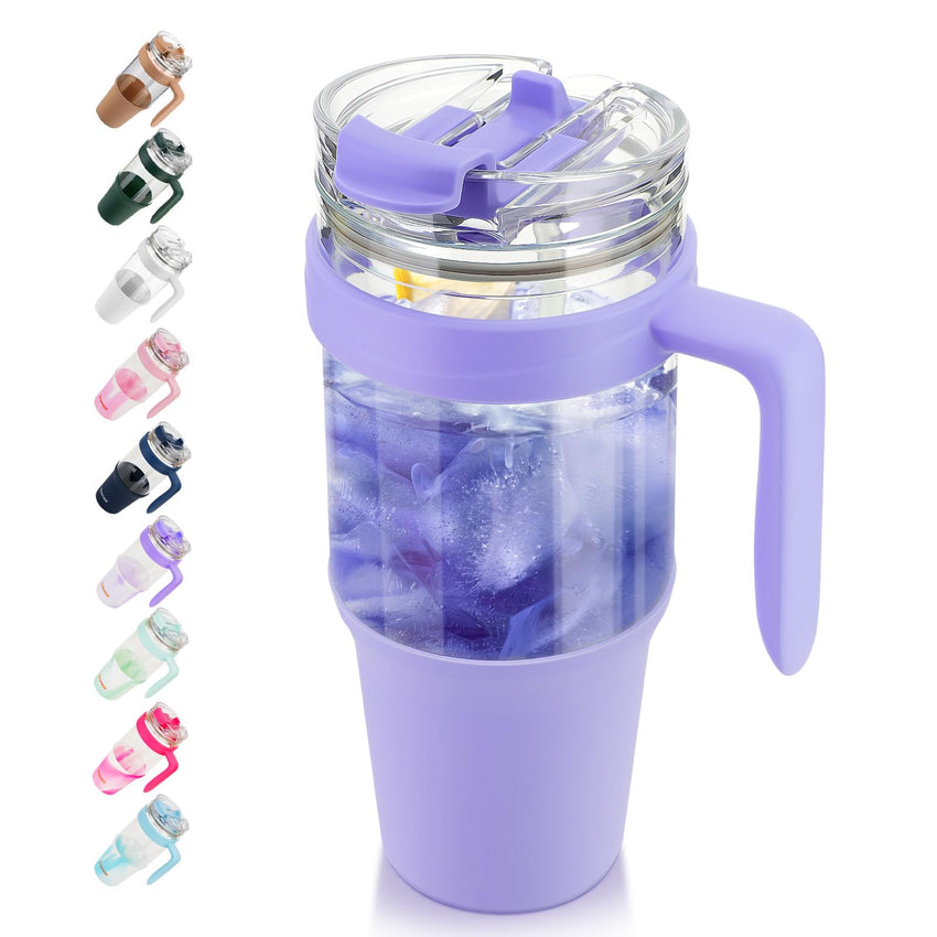 Tronco 40 oz Glass Tumbler with Straw and Lid, Reusable Glass Tumbler with Handle, Iced Coffee Cup with Bamboo Lid, Glass Water Bottles Fit in Cup Holder, Carbonfree, Lead - Free, BPA - Free - 7DAY'S