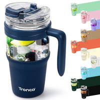 Tronco 40 oz Glass Tumbler with Straw and Lid, Reusable Glass Tumbler with Handle, Iced Coffee Cup with Bamboo Lid, Glass Water Bottles Fit in Cup Holder, Carbonfree, Lead - Free, BPA - Free - 7DAY'S