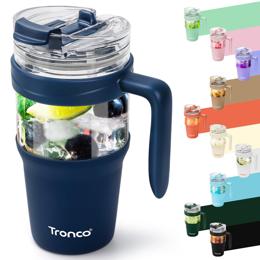 Tronco 40 oz Glass Tumbler with Straw and Lid, Reusable Glass Tumbler with Handle, Iced Coffee Cup with Bamboo Lid, Glass Water Bottles Fit in Cup Holder, Carbonfree, Lead - Free, BPA - Free - 7DAY'S