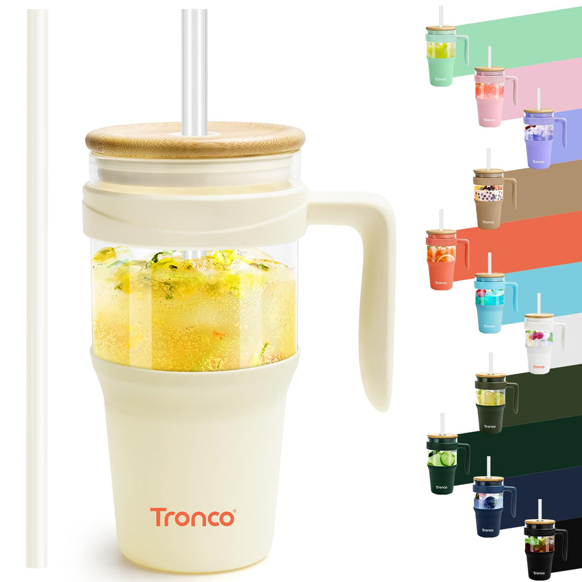 Tronco 40 oz Glass Tumbler with Straw and Lid, Reusable Glass Tumbler with Handle, Iced Coffee Cup with Bamboo Lid, Glass Water Bottles Fit in Cup Holder, Carbonfree, Lead - Free, BPA - Free - 7DAY'S