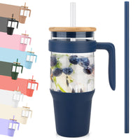 Tronco 40 oz Glass Tumbler with Straw and Lid, Reusable Glass Tumbler with Handle, Iced Coffee Cup with Bamboo Lid, Glass Water Bottles Fit in Cup Holder, Carbonfree, Lead - Free, BPA - Free - 7DAY'S