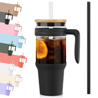 Tronco 40 oz Glass Tumbler with Straw and Lid, Reusable Glass Tumbler with Handle, Iced Coffee Cup with Bamboo Lid, Glass Water Bottles Fit in Cup Holder, Carbonfree, Lead - Free, BPA - Free - 7DAY'S