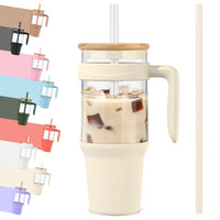 Tronco 40 oz Glass Tumbler with Straw and Lid, Reusable Glass Tumbler with Handle, Iced Coffee Cup with Bamboo Lid, Glass Water Bottles Fit in Cup Holder, Carbonfree, Lead - Free, BPA - Free - 7DAY'S