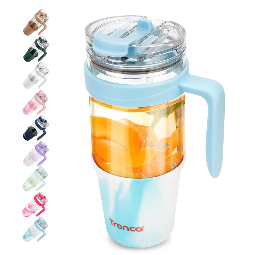 Tronco 40 oz Glass Tumbler with Straw and Lid, Reusable Glass Tumbler with Handle, Iced Coffee Cup with Bamboo Lid, Glass Water Bottles Fit in Cup Holder, Carbonfree, Lead - Free, BPA - Free - 7DAY'S