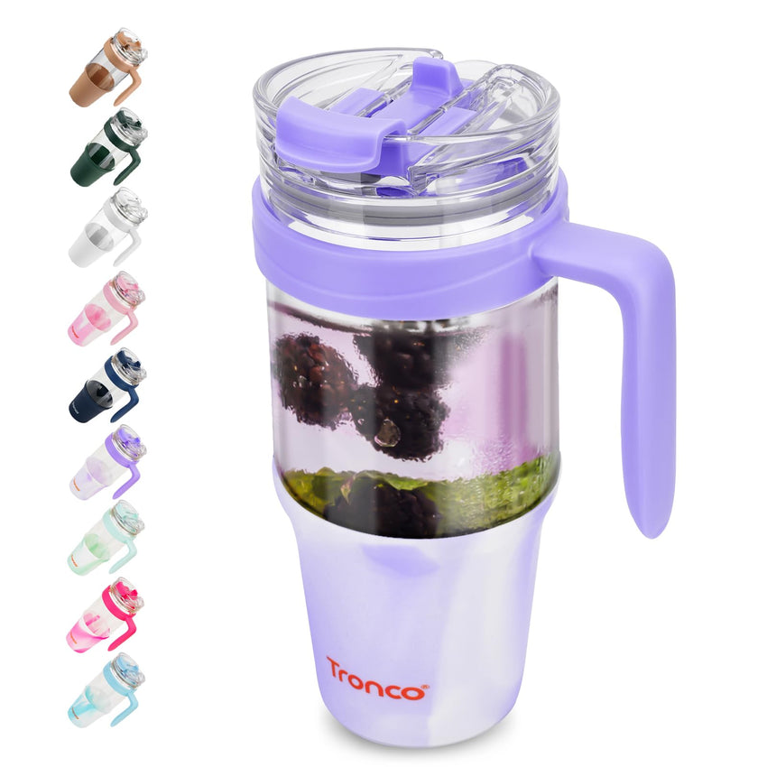 Tronco 40 oz Glass Tumbler with Straw and Lid, Reusable Glass Tumbler with Handle, Iced Coffee Cup with Bamboo Lid, Glass Water Bottles Fit in Cup Holder, Carbonfree, Lead - Free, BPA - Free - 7DAY'S
