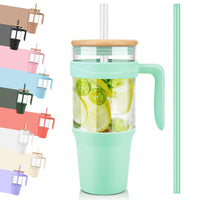 Tronco 40 oz Glass Tumbler with Straw and Lid, Reusable Glass Tumbler with Handle, Iced Coffee Cup with Bamboo Lid, Glass Water Bottles Fit in Cup Holder, Carbonfree, Lead - Free, BPA - Free - 7DAY'S
