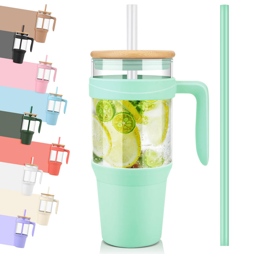 Tronco 40 oz Glass Tumbler with Straw and Lid, Reusable Glass Tumbler with Handle, Iced Coffee Cup with Bamboo Lid, Glass Water Bottles Fit in Cup Holder, Carbonfree, Lead - Free, BPA - Free - 7DAY'S