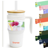 Tronco 40 oz Glass Tumbler with Straw and Lid, Reusable Glass Tumbler with Handle, Iced Coffee Cup with Bamboo Lid, Glass Water Bottles Fit in Cup Holder, Carbonfree, Lead - Free, BPA - Free - 7DAY'S