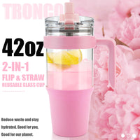Tronco 40 oz Glass Tumbler with Straw and Lid, Reusable Glass Tumbler with Handle, Iced Coffee Cup with Bamboo Lid, Glass Water Bottles Fit in Cup Holder, Carbonfree, Lead - Free, BPA - Free - 7DAY'S