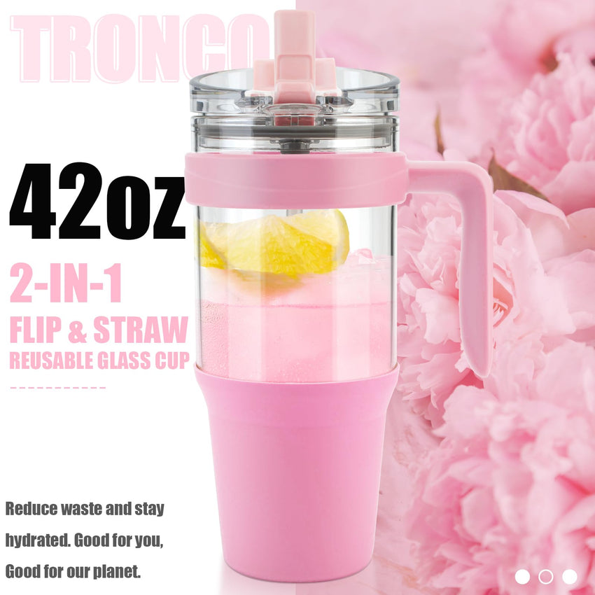 Tronco 40 oz Glass Tumbler with Straw and Lid, Reusable Glass Tumbler with Handle, Iced Coffee Cup with Bamboo Lid, Glass Water Bottles Fit in Cup Holder, Carbonfree, Lead - Free, BPA - Free - 7DAY'S