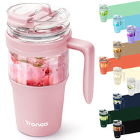 Tronco 40 oz Glass Tumbler with Straw and Lid, Reusable Glass Tumbler with Handle, Iced Coffee Cup with Bamboo Lid, Glass Water Bottles Fit in Cup Holder, Carbonfree, Lead - Free, BPA - Free - 7DAY'S