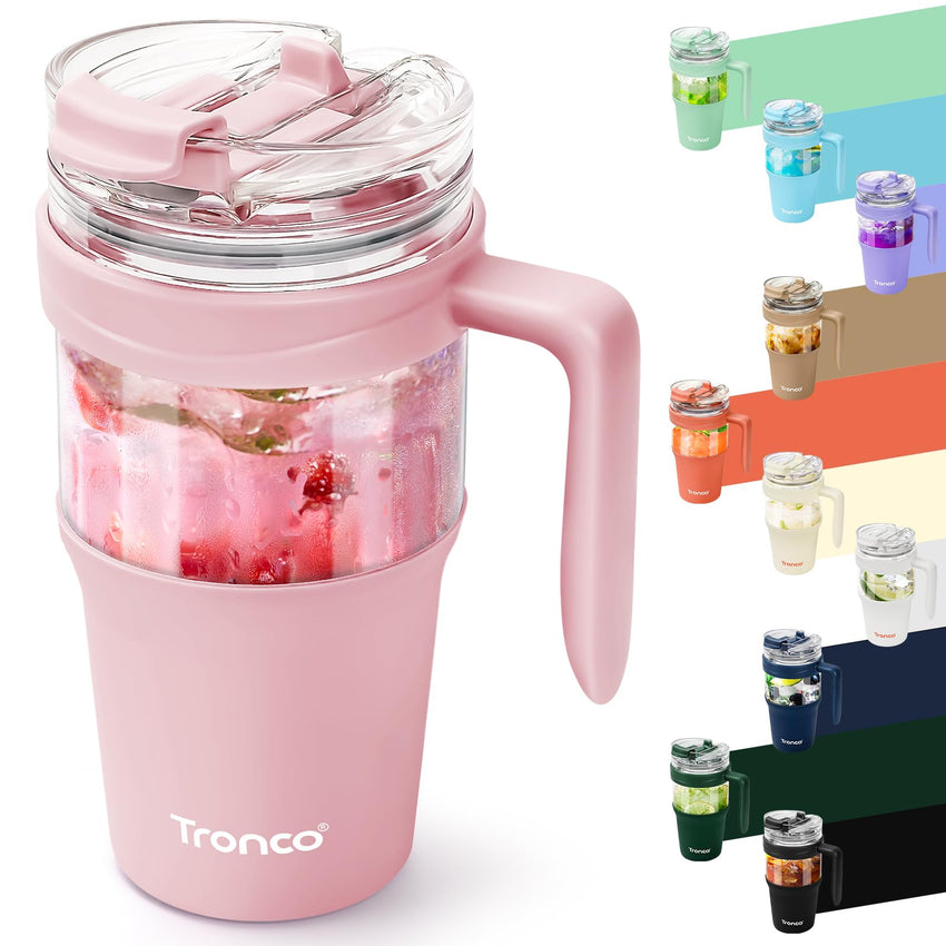 Tronco 40 oz Glass Tumbler with Straw and Lid, Reusable Glass Tumbler with Handle, Iced Coffee Cup with Bamboo Lid, Glass Water Bottles Fit in Cup Holder, Carbonfree, Lead - Free, BPA - Free - 7DAY'S