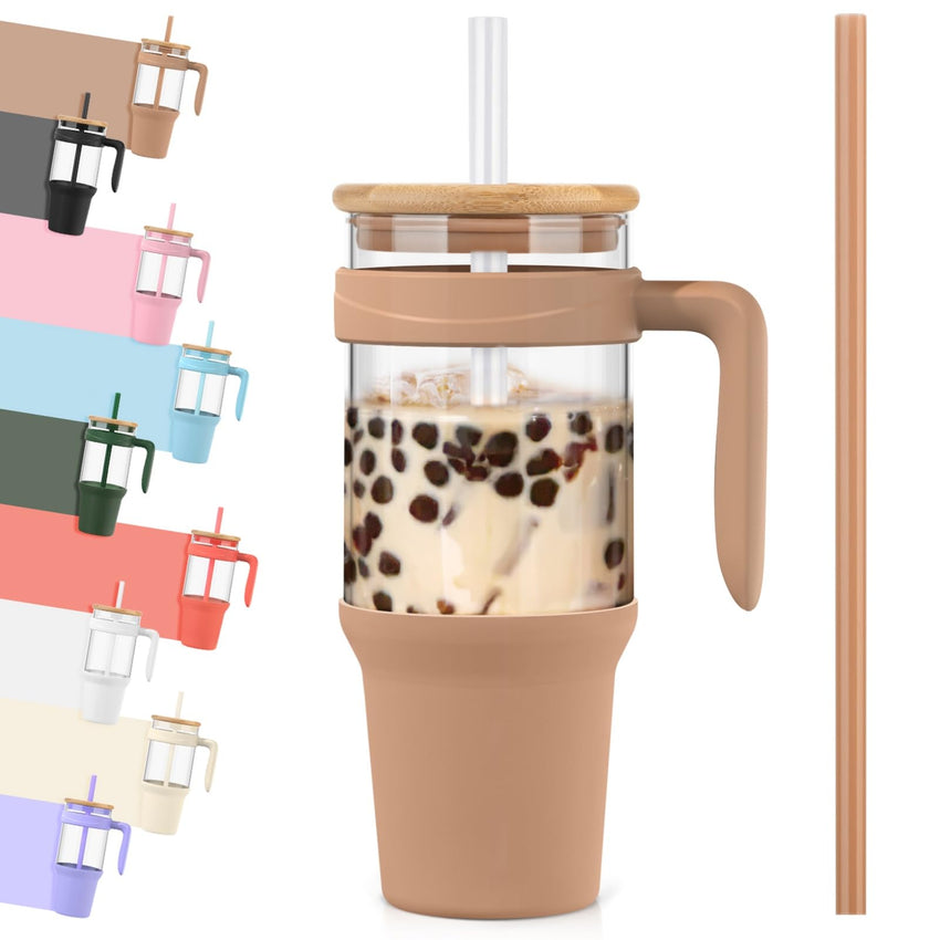 Tronco 40 oz Glass Tumbler with Straw and Lid, Reusable Glass Tumbler with Handle, Iced Coffee Cup with Bamboo Lid, Glass Water Bottles Fit in Cup Holder, Carbonfree, Lead - Free, BPA - Free - 7DAY'S