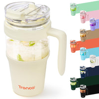Tronco 40 oz Glass Tumbler with Straw and Lid, Reusable Glass Tumbler with Handle, Iced Coffee Cup with Bamboo Lid, Glass Water Bottles Fit in Cup Holder, Carbonfree, Lead - Free, BPA - Free - 7DAY'S