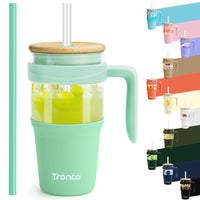 Tronco 40 oz Glass Tumbler with Straw and Lid, Reusable Glass Tumbler with Handle, Iced Coffee Cup with Bamboo Lid, Glass Water Bottles Fit in Cup Holder, Carbonfree, Lead - Free, BPA - Free - 7DAY'S