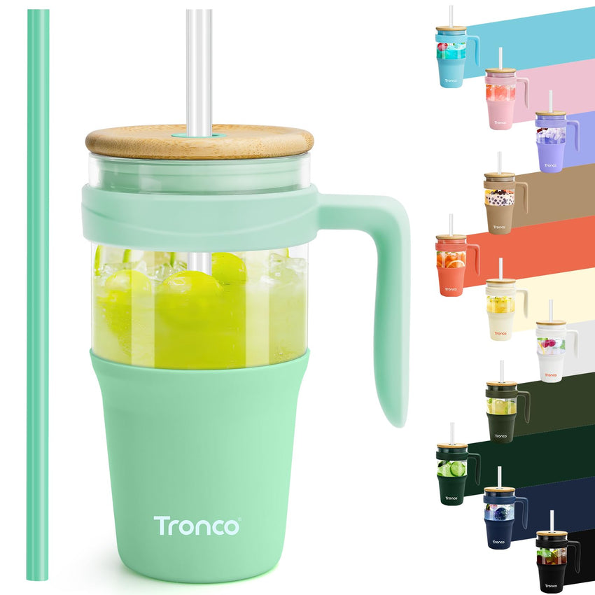 Tronco 40 oz Glass Tumbler with Straw and Lid, Reusable Glass Tumbler with Handle, Iced Coffee Cup with Bamboo Lid, Glass Water Bottles Fit in Cup Holder, Carbonfree, Lead - Free, BPA - Free - 7DAY'S