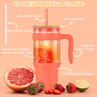 Tronco 40 oz Glass Tumbler with Straw and Lid, Reusable Glass Tumbler with Handle, Iced Coffee Cup with Bamboo Lid, Glass Water Bottles Fit in Cup Holder, Carbonfree, Lead - Free, BPA - Free - 7DAY'S