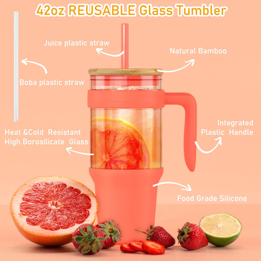 Tronco 40 oz Glass Tumbler with Straw and Lid, Reusable Glass Tumbler with Handle, Iced Coffee Cup with Bamboo Lid, Glass Water Bottles Fit in Cup Holder, Carbonfree, Lead - Free, BPA - Free - 7DAY'S