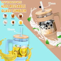 Tronco 40 oz Glass Tumbler with Straw and Lid, Reusable Glass Tumbler with Handle, Iced Coffee Cup with Bamboo Lid, Glass Water Bottles Fit in Cup Holder, Carbonfree, Lead - Free, BPA - Free - 7DAY'S