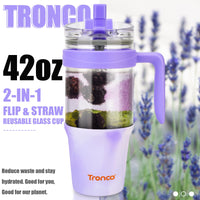 Tronco 40 oz Glass Tumbler with Straw and Lid, Reusable Glass Tumbler with Handle, Iced Coffee Cup with Bamboo Lid, Glass Water Bottles Fit in Cup Holder, Carbonfree, Lead - Free, BPA - Free - 7DAY'S
