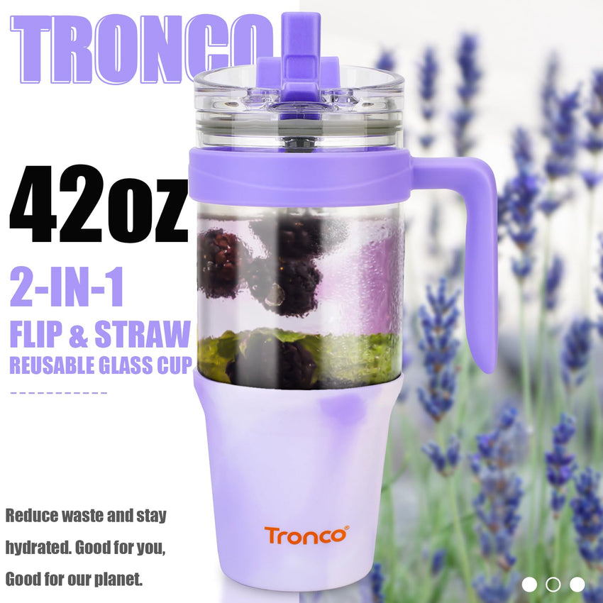 Tronco 40 oz Glass Tumbler with Straw and Lid, Reusable Glass Tumbler with Handle, Iced Coffee Cup with Bamboo Lid, Glass Water Bottles Fit in Cup Holder, Carbonfree, Lead - Free, BPA - Free - 7DAY'S