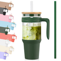 Tronco 40 oz Glass Tumbler with Straw and Lid, Reusable Glass Tumbler with Handle, Iced Coffee Cup with Bamboo Lid, Glass Water Bottles Fit in Cup Holder, Carbonfree, Lead - Free, BPA - Free - 7DAY'S