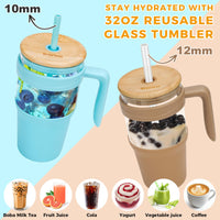 Tronco 40 oz Glass Tumbler with Straw and Lid, Reusable Glass Tumbler with Handle, Iced Coffee Cup with Bamboo Lid, Glass Water Bottles Fit in Cup Holder, Carbonfree, Lead - Free, BPA - Free - 7DAY'S