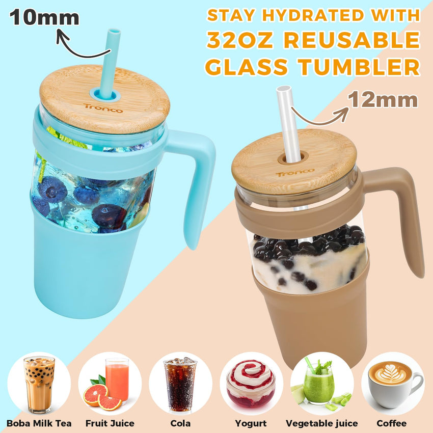 Tronco 40 oz Glass Tumbler with Straw and Lid, Reusable Glass Tumbler with Handle, Iced Coffee Cup with Bamboo Lid, Glass Water Bottles Fit in Cup Holder, Carbonfree, Lead - Free, BPA - Free - 7DAY'S