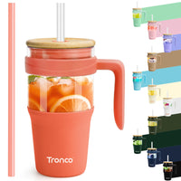 Tronco 40 oz Glass Tumbler with Straw and Lid, Reusable Glass Tumbler with Handle, Iced Coffee Cup with Bamboo Lid, Glass Water Bottles Fit in Cup Holder, Carbonfree, Lead - Free, BPA - Free - 7DAY'S