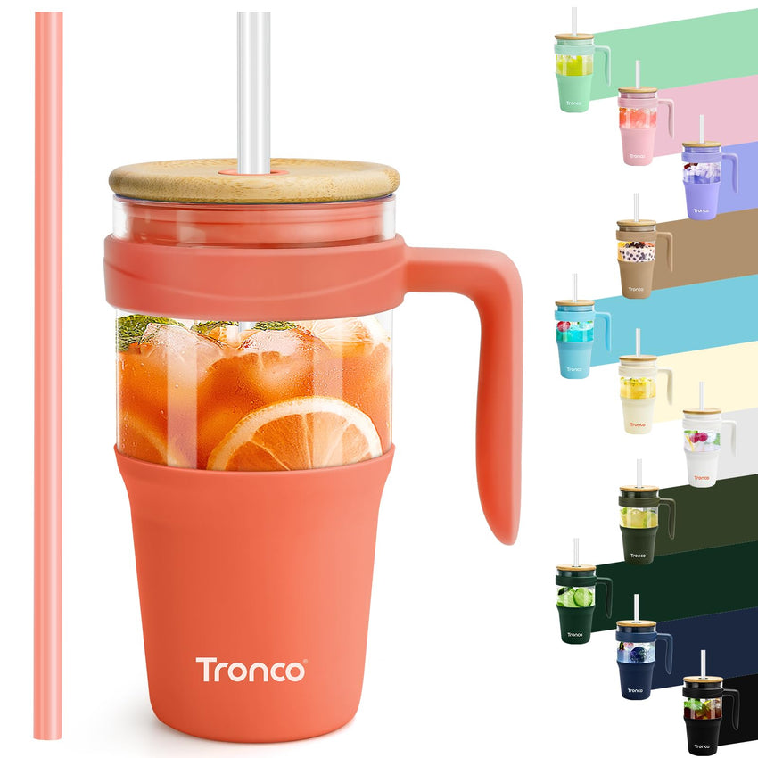 Tronco 40 oz Glass Tumbler with Straw and Lid, Reusable Glass Tumbler with Handle, Iced Coffee Cup with Bamboo Lid, Glass Water Bottles Fit in Cup Holder, Carbonfree, Lead - Free, BPA - Free - 7DAY'S