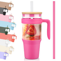 Tronco 40 oz Glass Tumbler with Straw and Lid, Reusable Glass Tumbler with Handle, Iced Coffee Cup with Bamboo Lid, Glass Water Bottles Fit in Cup Holder, Carbonfree, Lead - Free, BPA - Free - 7DAY'S
