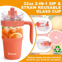 Tronco 40 oz Glass Tumbler with Straw and Lid, Reusable Glass Tumbler with Handle, Iced Coffee Cup with Bamboo Lid, Glass Water Bottles Fit in Cup Holder, Carbonfree, Lead - Free, BPA - Free - 7DAY'S
