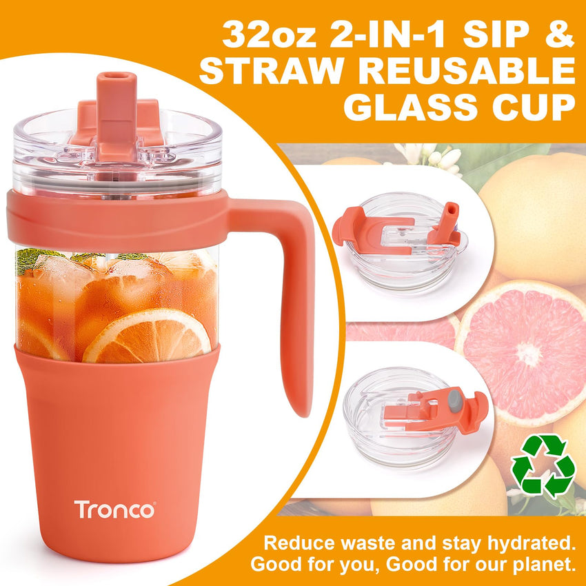 Tronco 40 oz Glass Tumbler with Straw and Lid, Reusable Glass Tumbler with Handle, Iced Coffee Cup with Bamboo Lid, Glass Water Bottles Fit in Cup Holder, Carbonfree, Lead - Free, BPA - Free - 7DAY'S