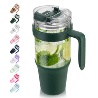 Tronco 40 oz Glass Tumbler with Straw and Lid, Reusable Glass Tumbler with Handle, Iced Coffee Cup with Bamboo Lid, Glass Water Bottles Fit in Cup Holder, Carbonfree, Lead - Free, BPA - Free - 7DAY'S