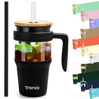 Tronco 40 oz Glass Tumbler with Straw and Lid, Reusable Glass Tumbler with Handle, Iced Coffee Cup with Bamboo Lid, Glass Water Bottles Fit in Cup Holder, Carbonfree, Lead - Free, BPA - Free - 7DAY'S