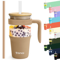 Tronco 40 oz Glass Tumbler with Straw and Lid, Reusable Glass Tumbler with Handle, Iced Coffee Cup with Bamboo Lid, Glass Water Bottles Fit in Cup Holder, Carbonfree, Lead - Free, BPA - Free - 7DAY'S