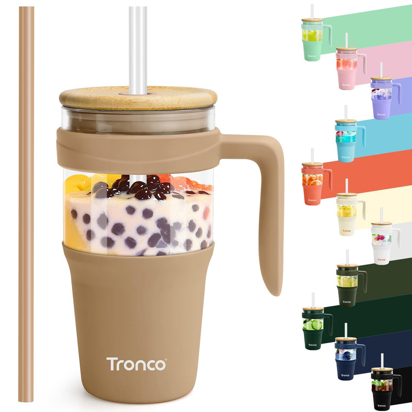 Tronco 40 oz Glass Tumbler with Straw and Lid, Reusable Glass Tumbler with Handle, Iced Coffee Cup with Bamboo Lid, Glass Water Bottles Fit in Cup Holder, Carbonfree, Lead - Free, BPA - Free - 7DAY'S